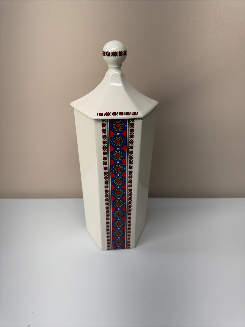 Hexagonal Ceramic Canister w/ Geometric Trim traditional Ukrainian pattern